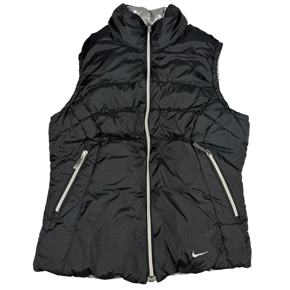 Nike Reversible Puffer Vest Women Small Black Silver Duck Down Fill Gorpcore Y2K
